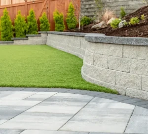 Close view of a finished interlocking paver driveway.